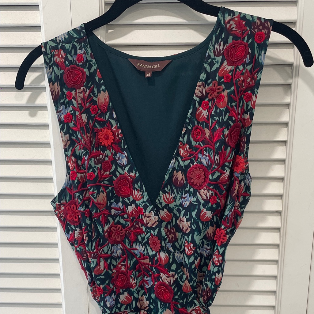 Ranna Gill Red And Green Floral Embroidered Dress